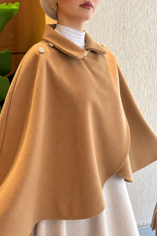 Yaka Düğme Detaylı Panço Camel