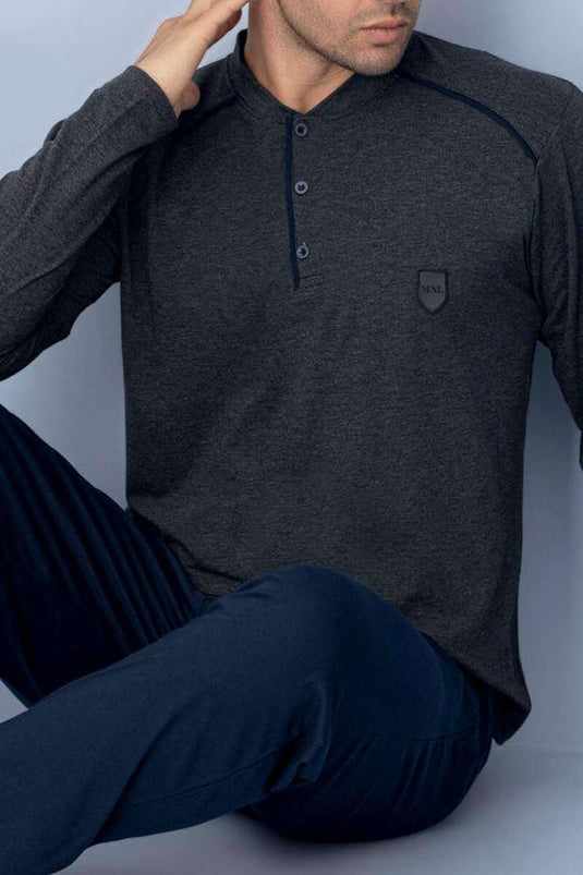 Yaka Knopen Bies Heren Pyjamapak Antraciet