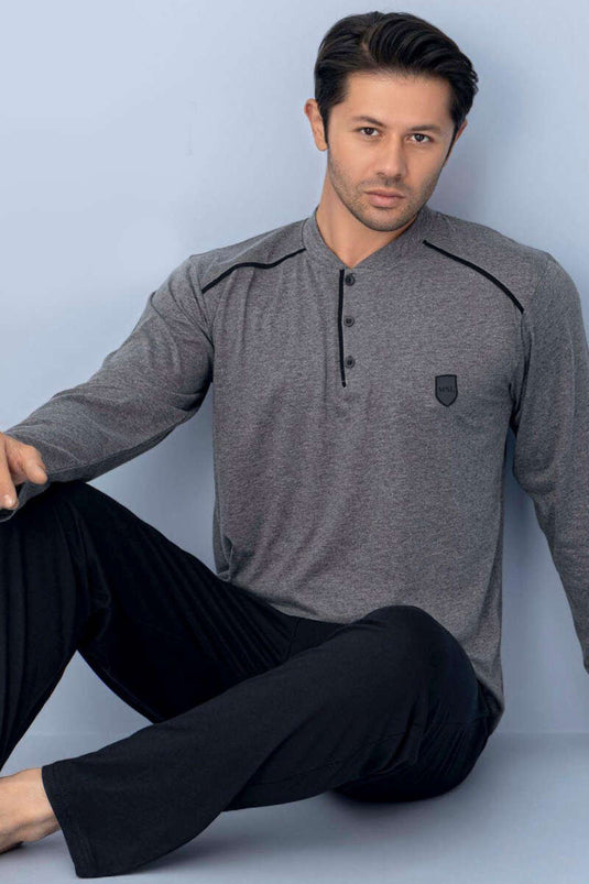 Yaka Knopsluiting Met Bies Heren Pyjamapak Grijs