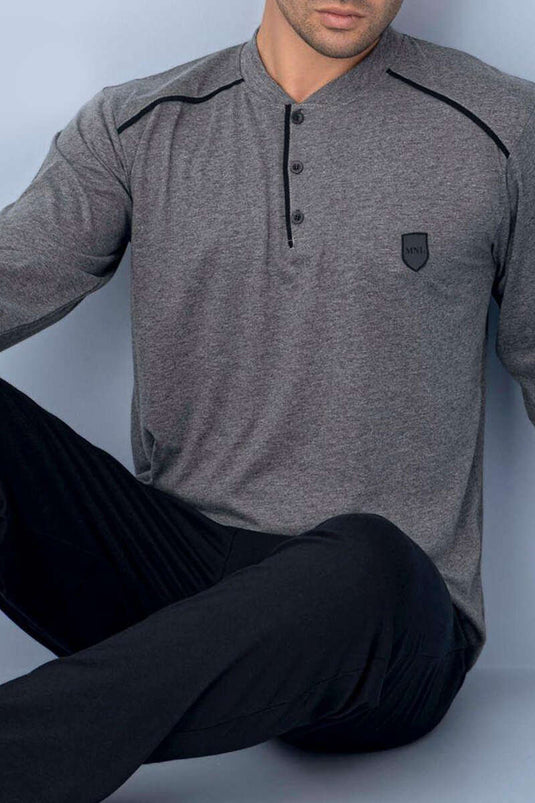 Yaka Knopsluiting Met Bies Heren Pyjamapak Grijs