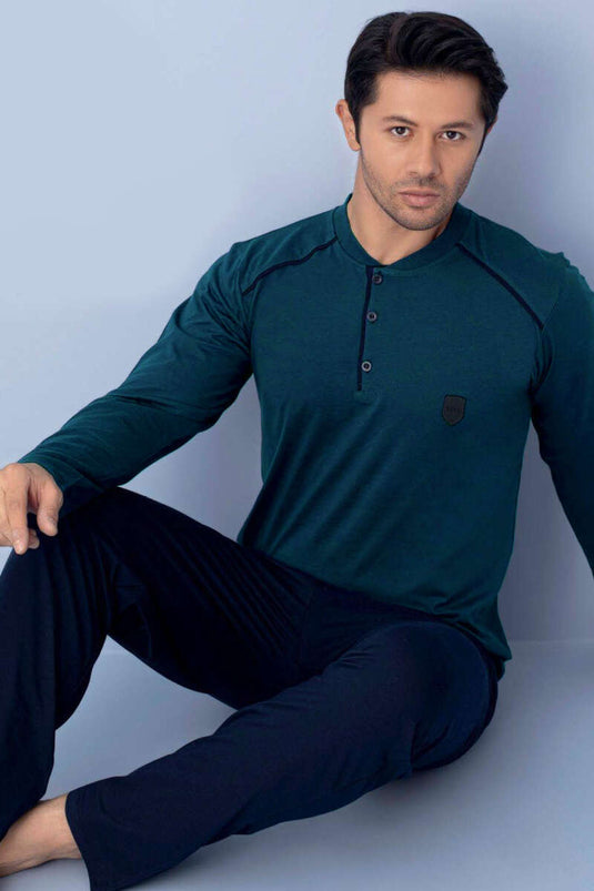 طقم بيجاما رجالي بياقة وأزرار، لون بترولي