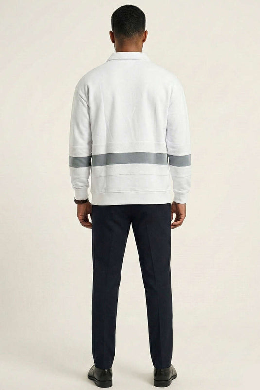 Collared Buttoned Piped Men's Sweatshirt White