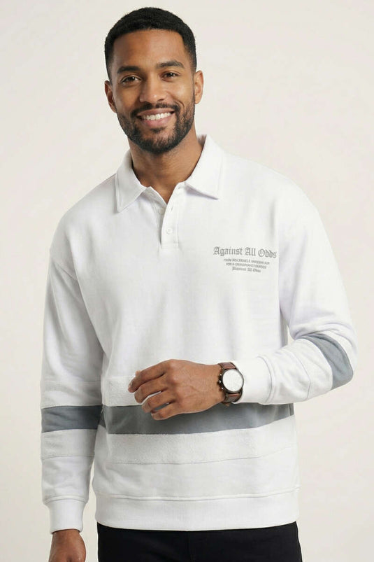 Collared Buttoned Piped Men's Sweatshirt White