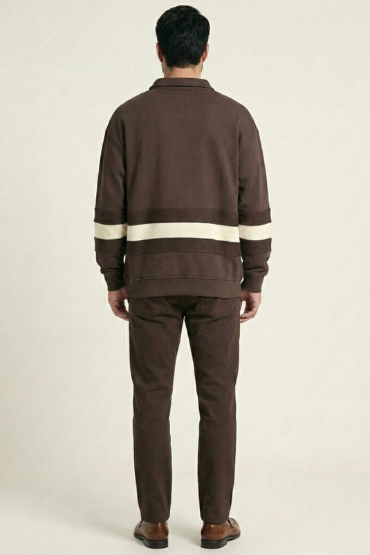 Yaka Düğmeli Biyeli Erkek Sweatshirt Kahve