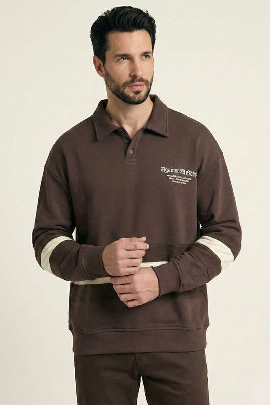 Yaka Düğmeli Biyeli Erkek Sweatshirt Kahve