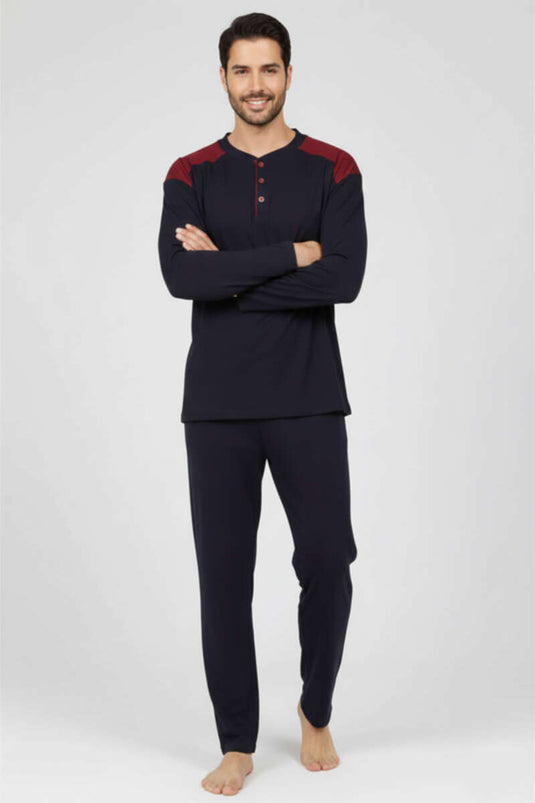 Pyjama-Set für Herren in Übergröße aus Interlock-Gewebe mit Knopfkragen, Marineblau und Burgunderrot