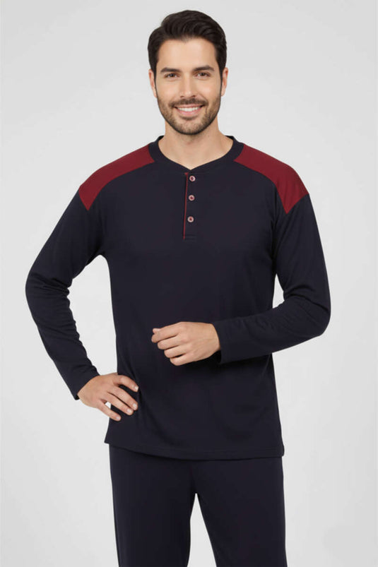 Pyjama-Set für Herren in Übergröße aus Interlock-Gewebe mit Knopfkragen, Marineblau und Burgunderrot