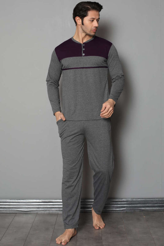 Ensemble pyjama homme anthracite bicolore à col boutonné