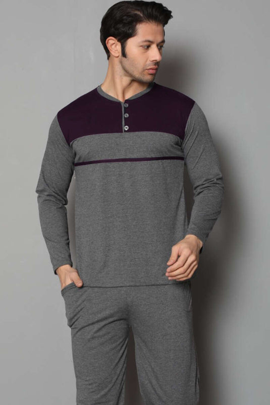 Ensemble pyjama homme anthracite bicolore à col boutonné