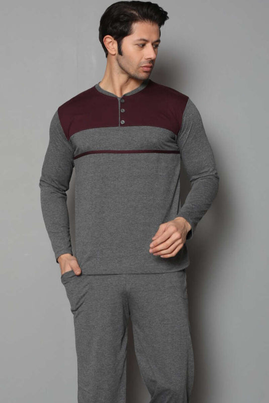 Ensemble pyjama homme bicolore à col boutonné, gris fumé et bordeaux