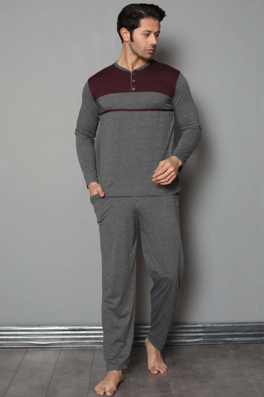 Ensemble pyjama homme bicolore à col boutonné, gris fumé et bordeaux