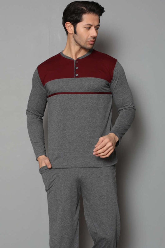 Ensemble pyjama homme bicolore à col boutonné, couleur fumée