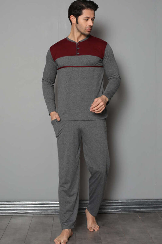 Ensemble pyjama homme bicolore à col boutonné, couleur fumée