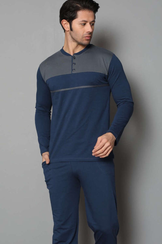 Ensemble pyjama homme bicolore indigo à col boutonné