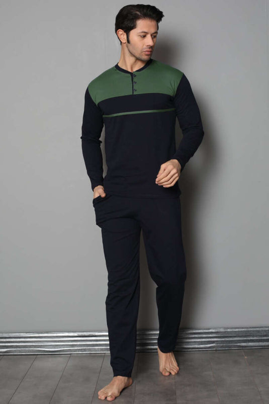Ensemble pyjama homme bicolore bleu marine et kaki à col boutonné