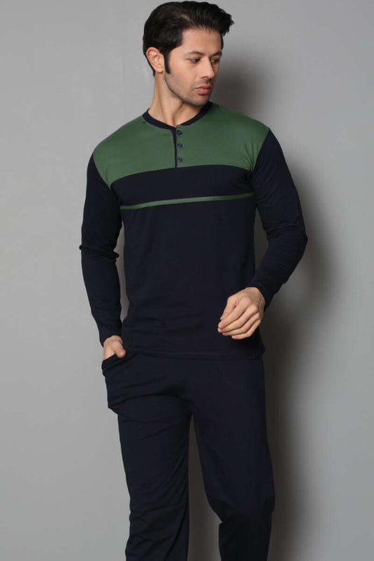Ensemble pyjama homme bicolore bleu marine et kaki à col boutonné