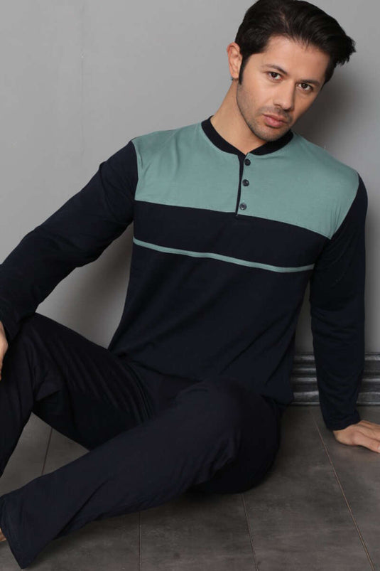 Ensemble pyjama homme bicolore bleu marine et vert, col boutonné