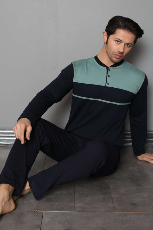 Ensemble pyjama homme bicolore bleu marine et vert, col boutonné