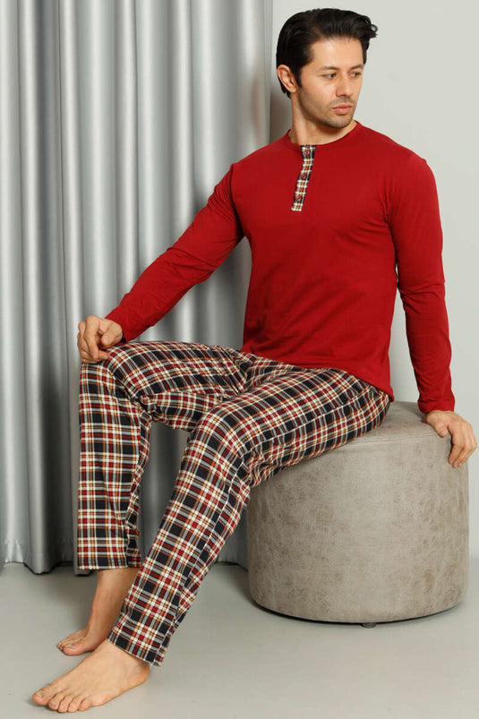 Yaka Düğmeli Ekoseli Erkek Pijama Takımı Bordo