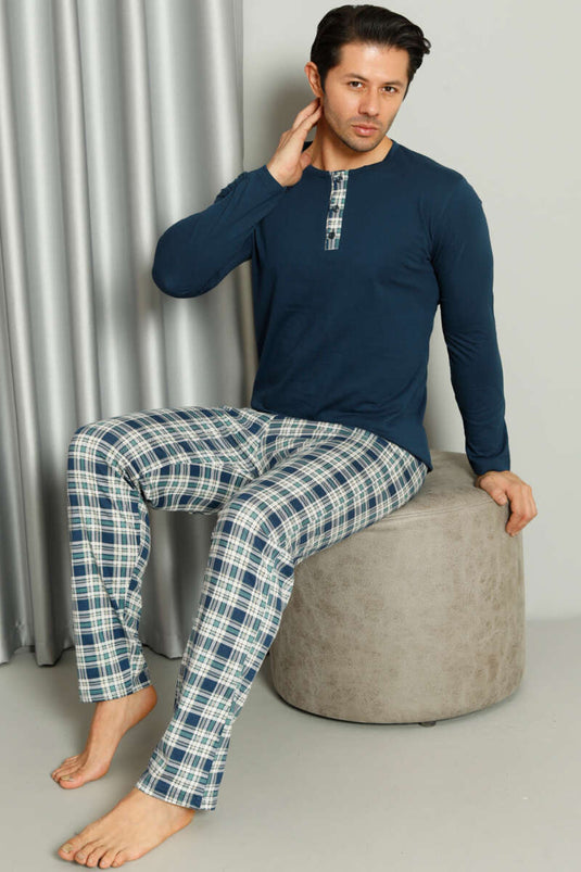 Yaka Düğmeli Ekoseli Erkek Pijama Takımı İndigo