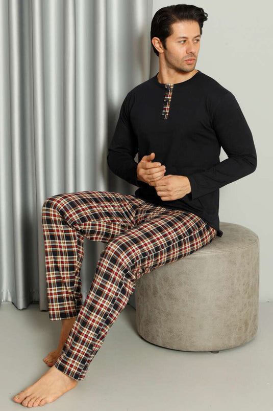 Yaka Düğmeli Ekoseli Erkek Pijama Takımı Lacivert