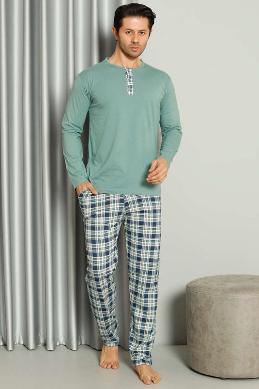 Yaka Düğmeli Ekoseli Erkek Pijama Takımı Mint
