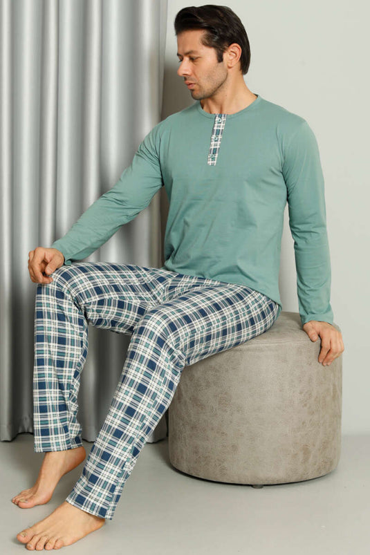 Yaka Düğmeli Ekoseli Erkek Pijama Takımı Mint