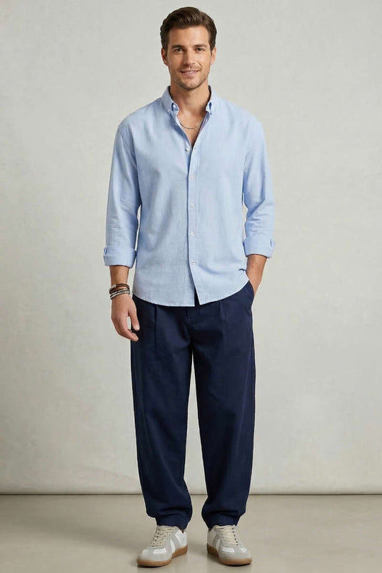 Buttoned Collar Crinkle Shirt Blue