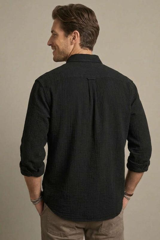 Collared Buttoned Crinkle Shirt Black