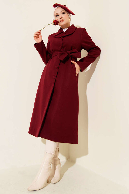 Burgundy Collared, Buttoned, Belted Gabardine Coat