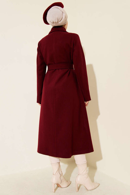 Burgundy Collared, Buttoned, Belted Gabardine Coat