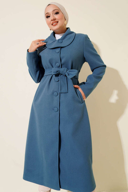 Blue Kaşe Coat with Buttoned Collar and Belt