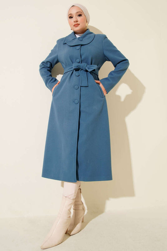 Blue Kaşe Coat with Buttoned Collar and Belt