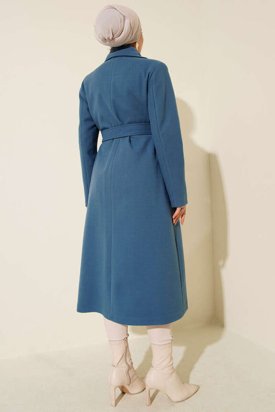 Blue Kaşe Coat with Buttoned Collar and Belt