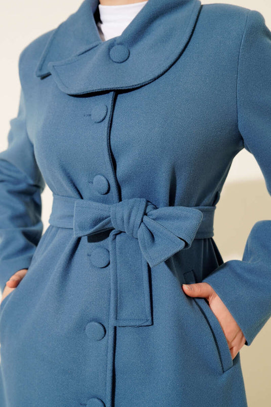 Blue Kaşe Coat with Buttoned Collar and Belt