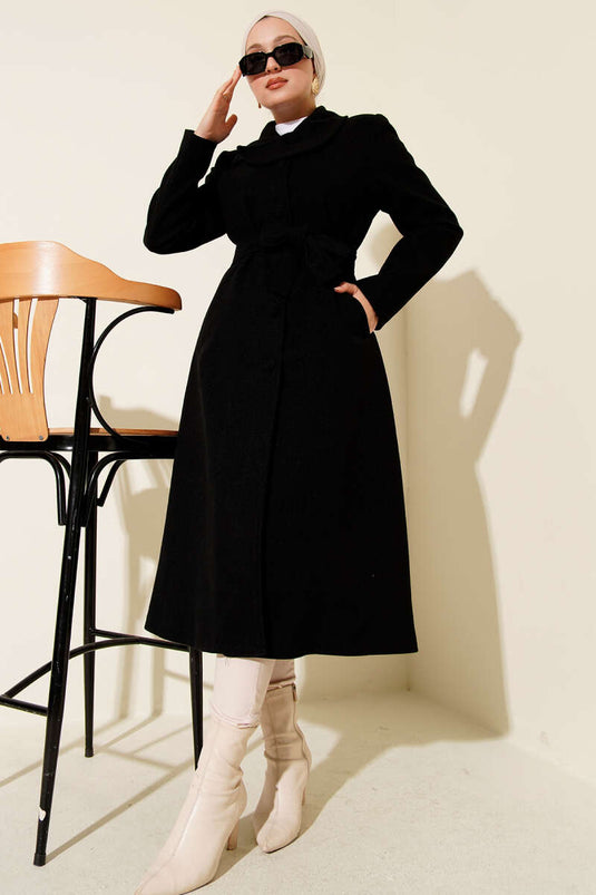 Black tweed coat with buttoned collar and belt