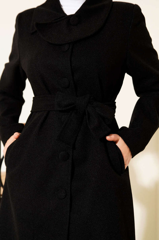 Black tweed coat with buttoned collar and belt