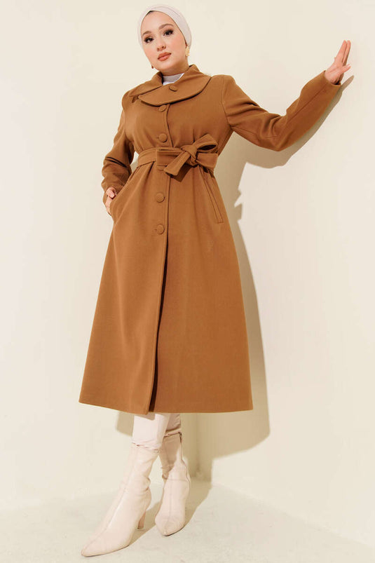 Collared Buttoned Belted Kaşe Coat Taba