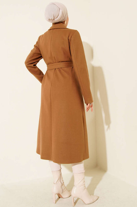 Collared Buttoned Belted Kaşe Coat Taba