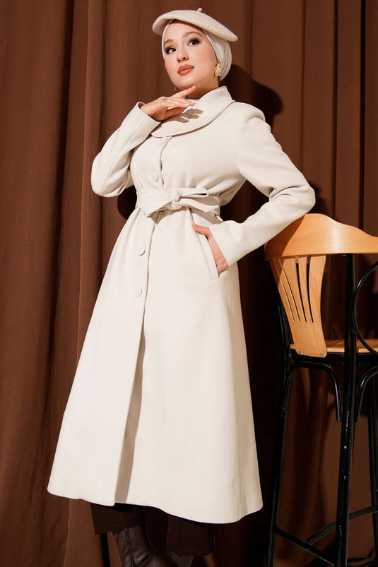 Kasjmier jas met knoopsluiting en riem, steen