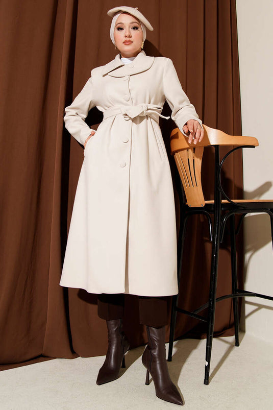 Kasjmier jas met knoopsluiting en riem, steen