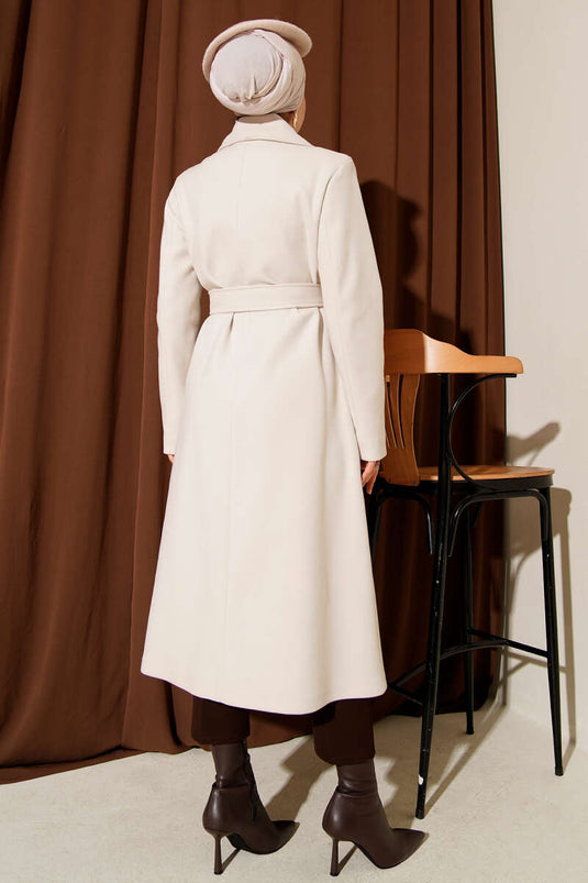 Kasjmier jas met knoopsluiting en riem, steen