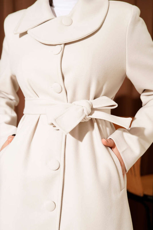 Kasjmier jas met knoopsluiting en riem, steen