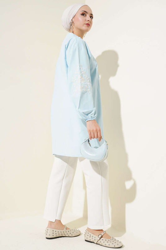 Yaka Düğmeli Nakışlı Tunik Mavi