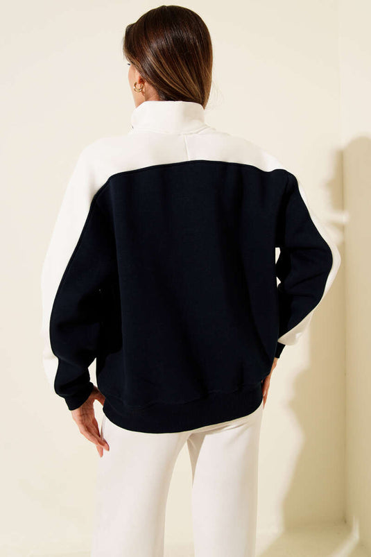 Yaka Düğmeli Nakışlı Üç İplik Sweatshirt Lacivert