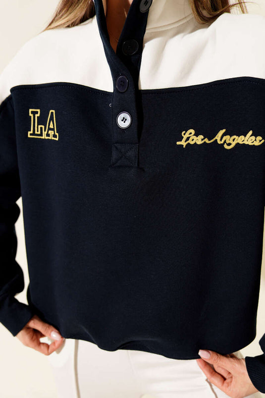 Yaka Düğmeli Nakışlı Üç İplik Sweatshirt Lacivert