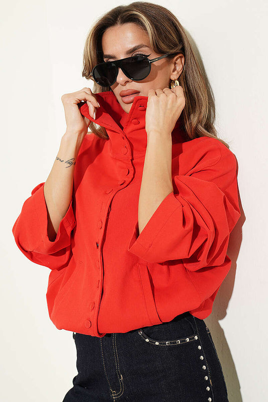 Red Oversized Button-Up Collar Jacket