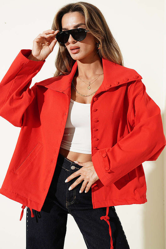 Red Oversized Button-Up Collar Jacket