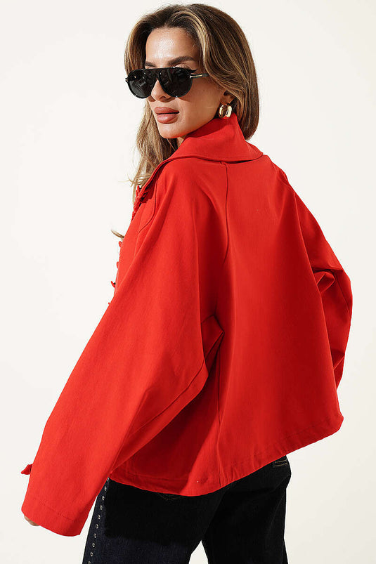 Red Oversized Button-Up Collar Jacket