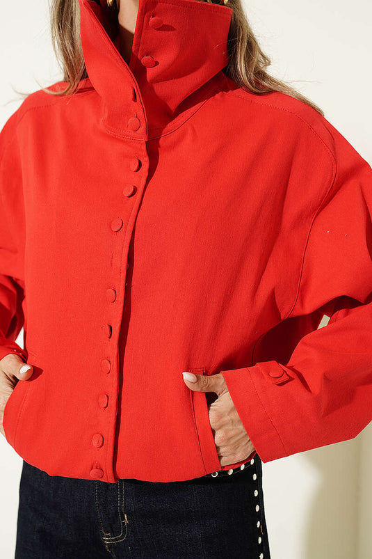 Red Oversized Button-Up Collar Jacket